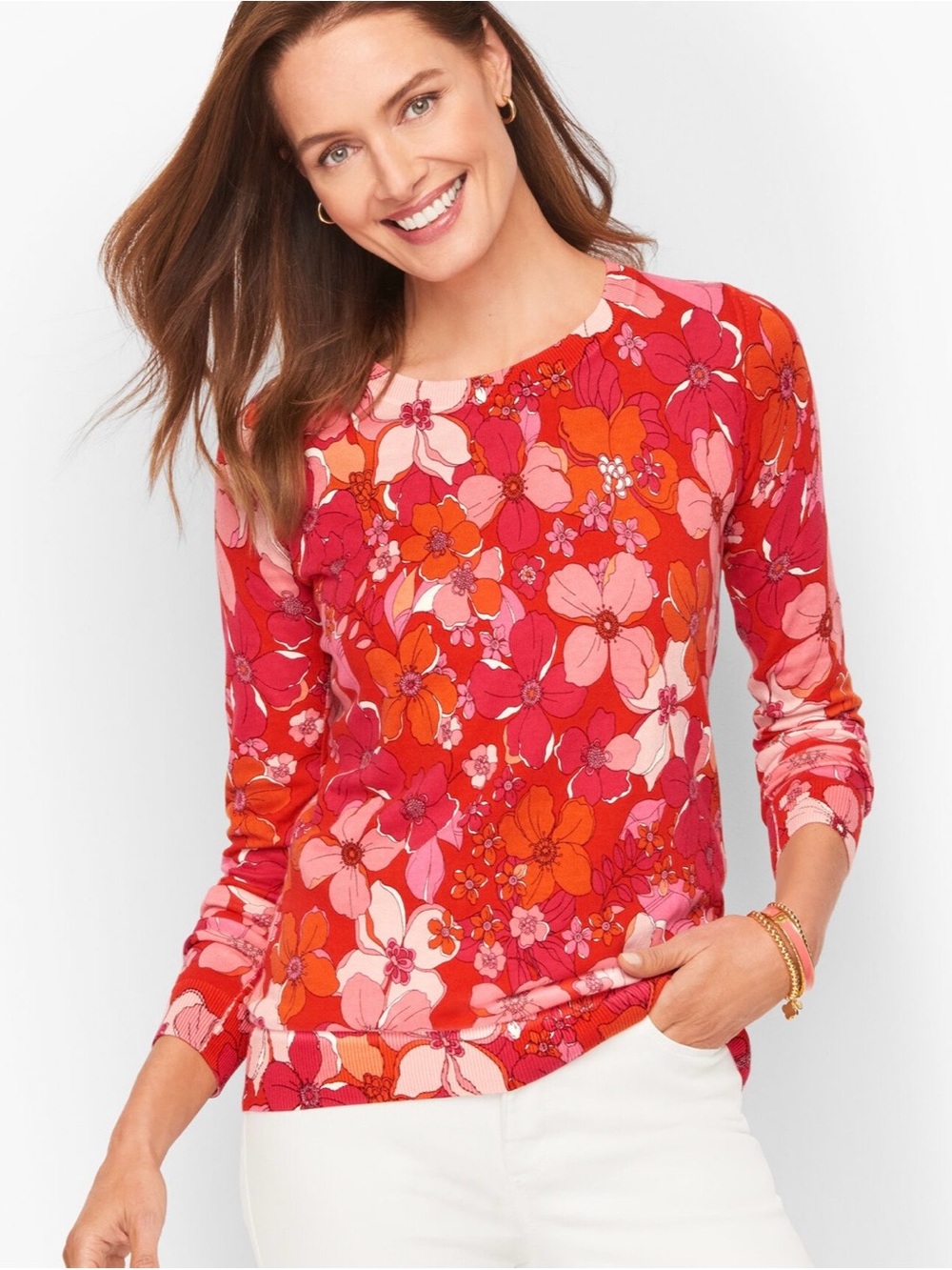NWT Talbots Tossed Flowers Pink Orange Retro Floral Cotton Blend Sweater 2XL